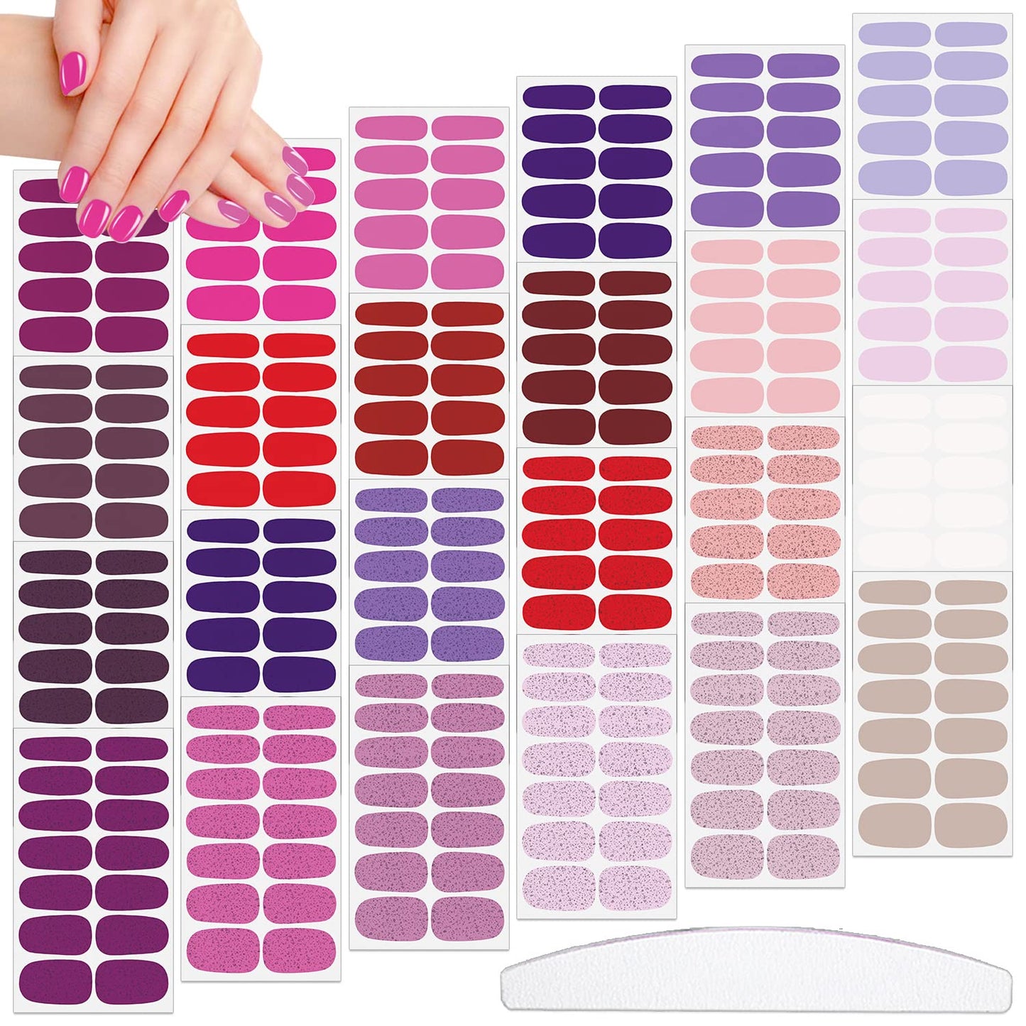 JERCLITY 336 Pieces 24 Sheets Stylish Warm Tones Solid Color Nail Strips With File Self-Adhesive Stickers Full Wraps for Women Girls Nail Art