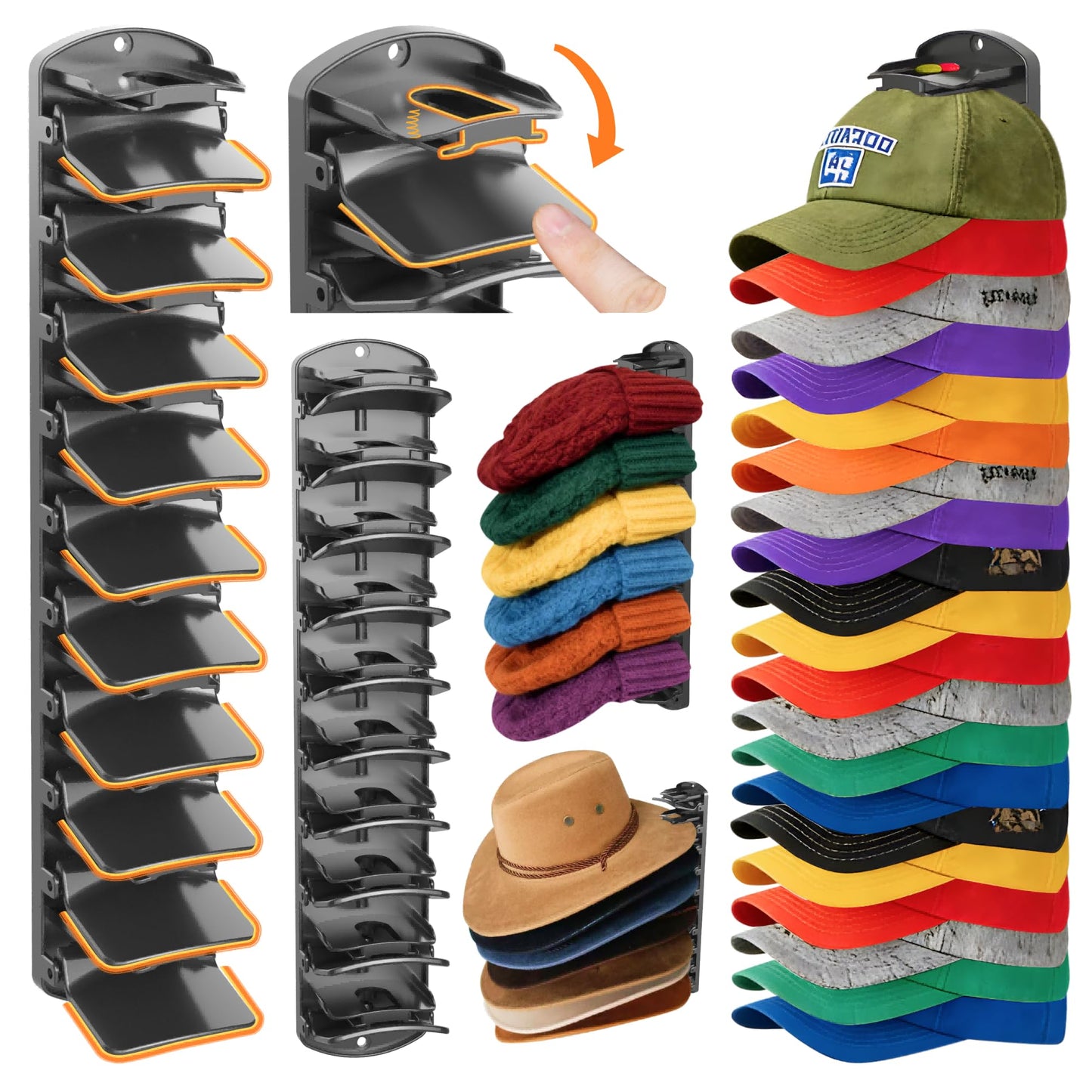 BRUBEQO Spring Clip Hat Organizer Hold Storage 40 Caps for Baseball Caps（2-Pack） Wall Mount Closet & Door Hat Rack Holder Hanging Closet Install with Strong Adhesive or Screws.
