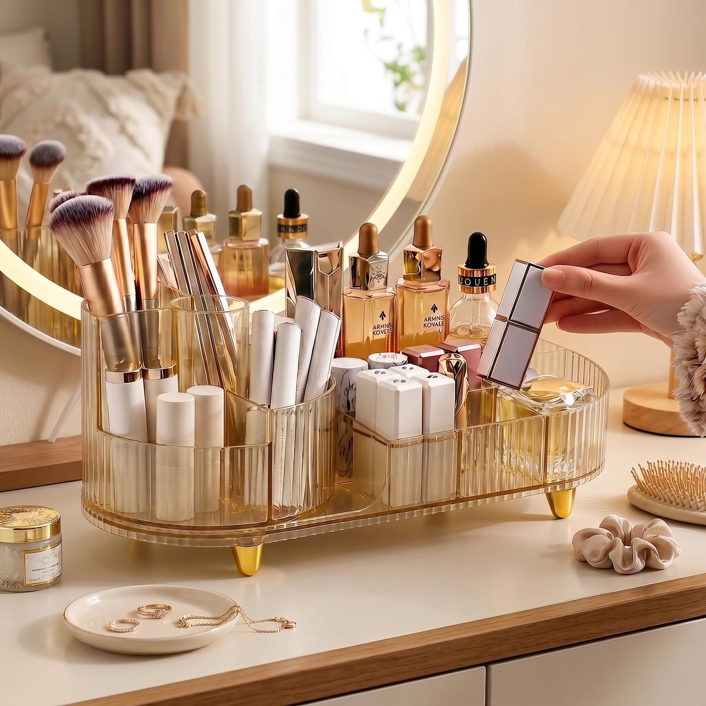 Booklov Rotating Makeup Organizer for Vanity, Large Capacity Cosmetic Display Case, Clear Acrylic Countertop Beauty Storage Holder for Skincare, Brush Eyeshadow Lipstick, Counter Desk, Crystal Amber