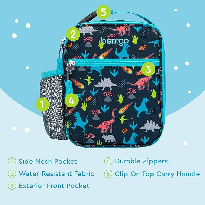Bentgo Kids Insulated Lunch Tote - Water-Resistant, Reusable, Lightweight & Durable Lunch Bag with Water Bottle Holder & Exterior Pocket, Fits Lunch Box & Water Bottle - Ideal for Ages 3+ (Dinosaur)