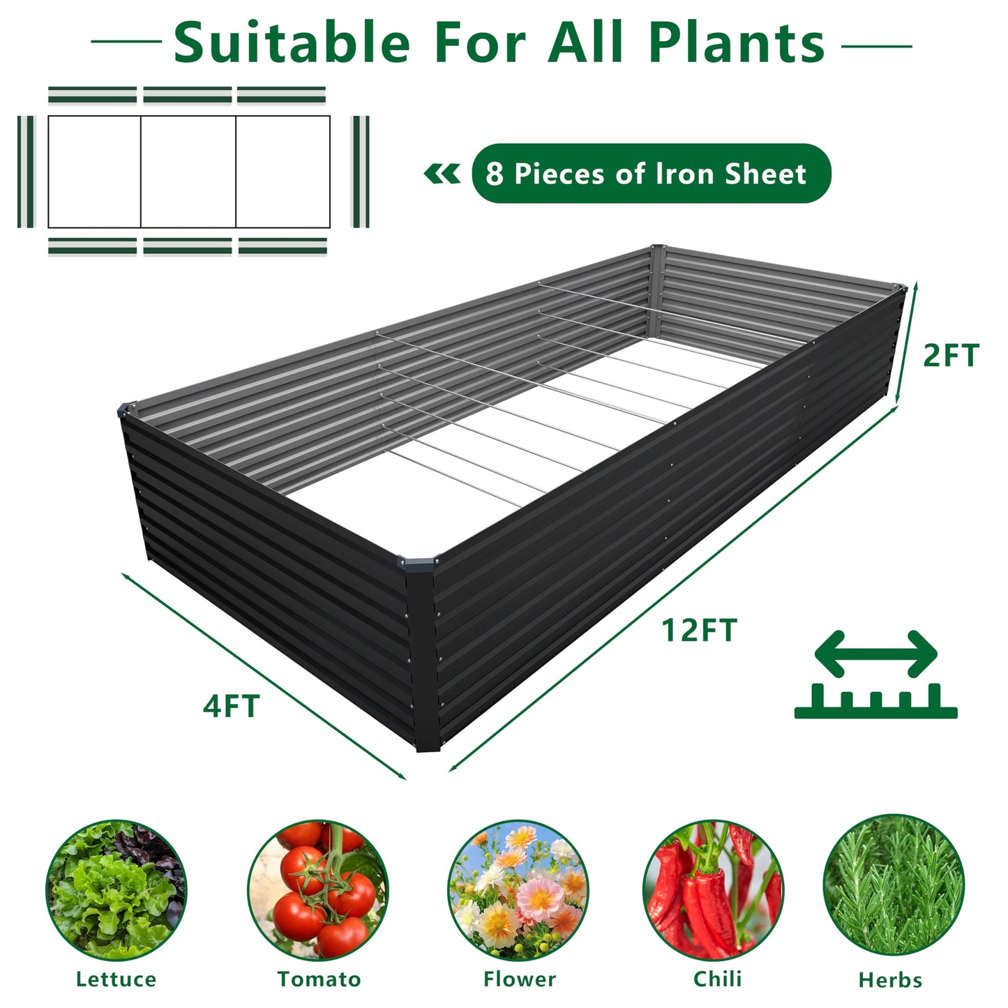 DIIYIV Galvanized Raised Garden Bed Kit Outdoor Patio,12x4x2ft Large Rectangular Metal Planter Boxes,Deep Root Box Planter for Gardening,Vegetables,Flowers,Herbs-Black