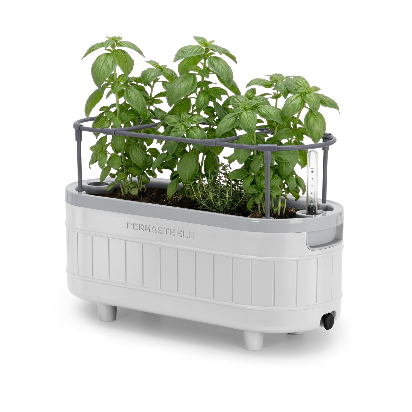 Permasteel Herb Garden Planter with Trellis Support, Self-Watering System with Water Level Indicator, Fits Multiple Herb Plants, for Basil, Flowers, Succulents, Indoor & Outdoor, White