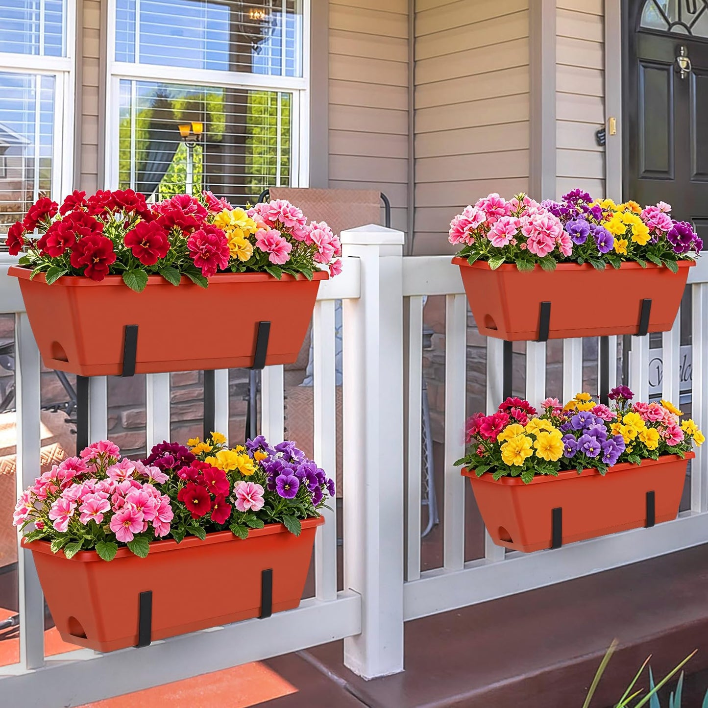 Railing Planter Box 4 Pack Window Boxes Planters 16.9 Inch Rectangular Planter with Adjustable Brackets 2 Tier Outdoor Balcony Hanging Planters Set of 2 for Railings Garden Porch Patio, Brick Red