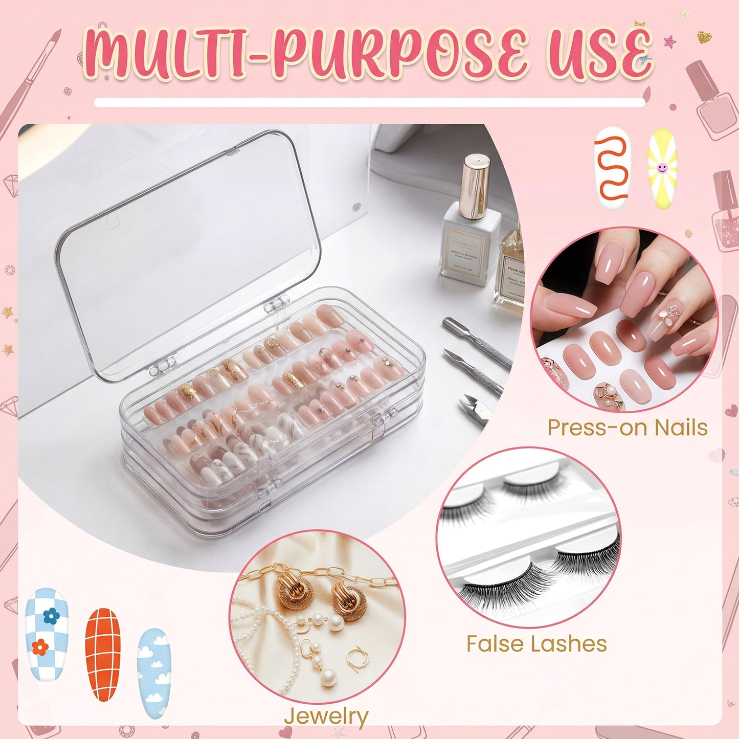 Ferrochef 2 Pcs Tri-Fold Press on Nail Storage with 60 Pcs Adhesive Double Sided Tape 4-Page Portable Box Clear Acrylic Press on Nail Stand Book Holder Packaging Cases for Display Salon Supplies