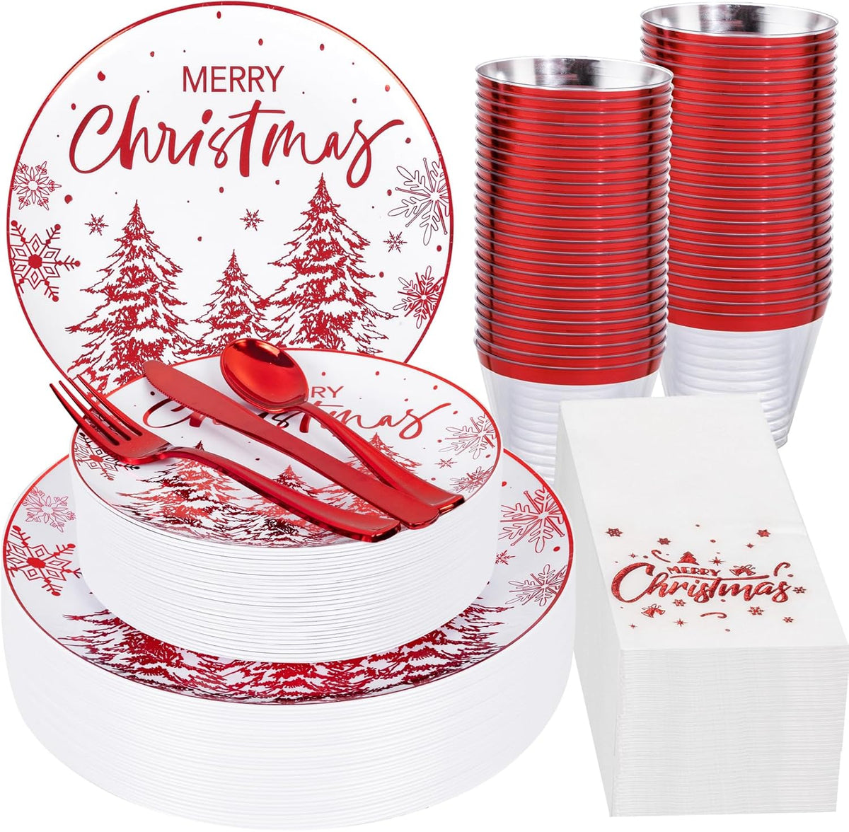 Rubtlamp 175 Pcs Christmas Plastic Plates And Napkins, Christmas Plates Disposable, White And Red Plastic Dinnerware Include 25Dessert Platos, 25Dinner Platos, 75 plastic cultery, 25Cups, 25Napkins