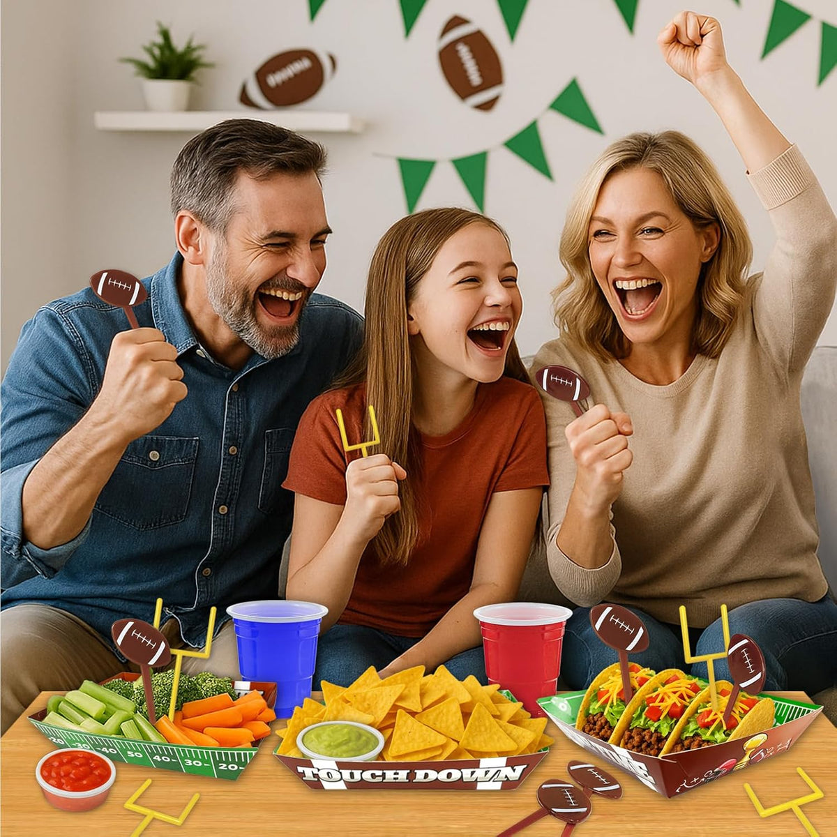 50-Piece Football Party Food Tray Box Kit - 30 Oil-Resistant Paper Snack Trays & 20 Goalpost and Football Picks for Nachos, Popcorn, Chips at Super Bowl, Tailgate, College Games, Sports Birthdays