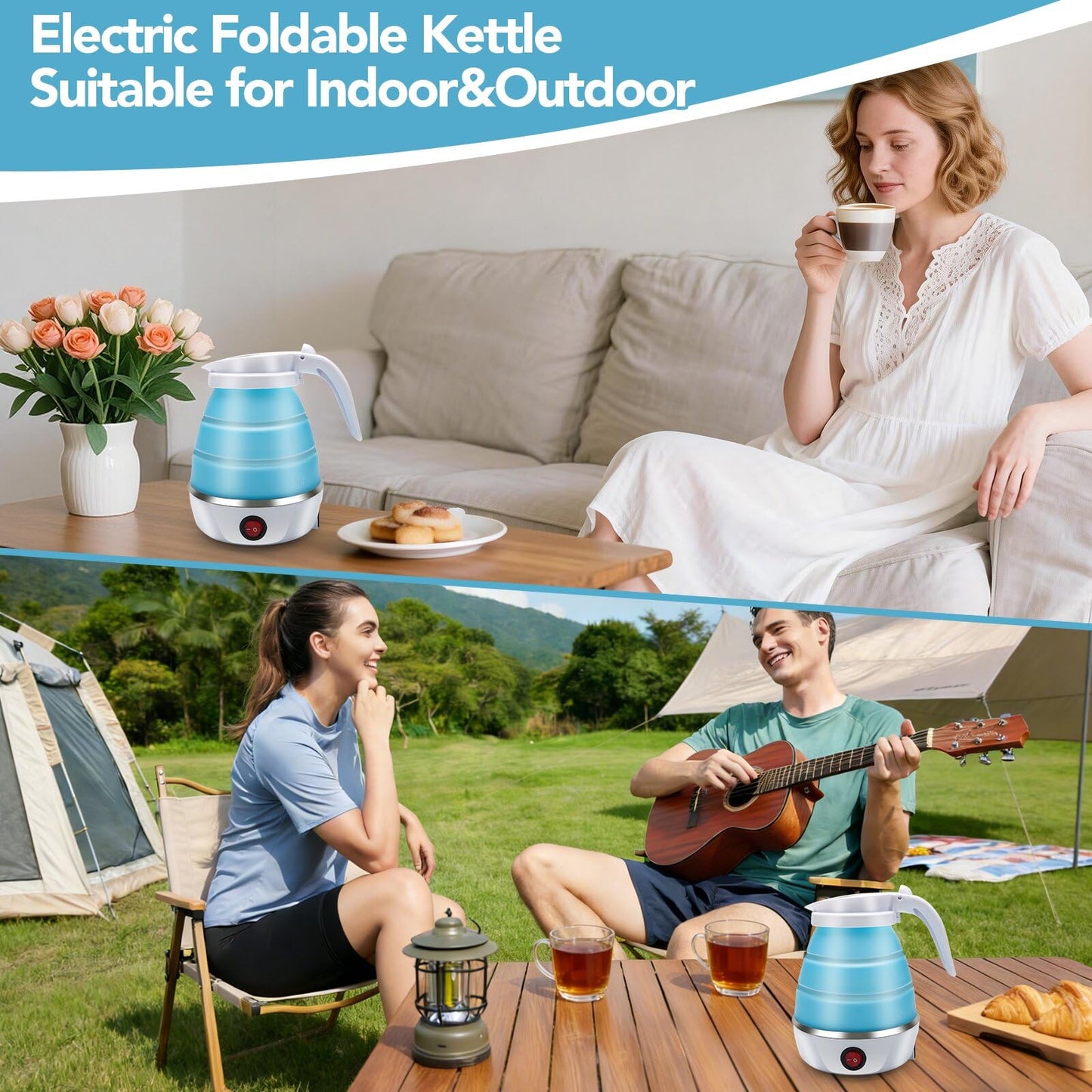 Travel Kettle Electric Small Foldable Portable Kettle,Silicone Collapsible Heating Water Boiler Tea Pot for Camping,Easy for Storage with Separable Power Cord (Blue pro)