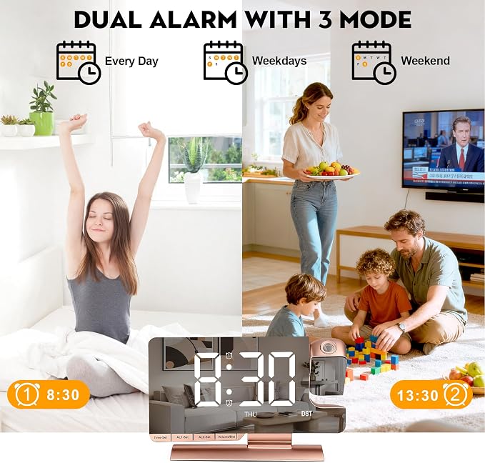 SZELAM Alarm Clock Bedside with Projection Digital Clock,7.3" Mirror Clock with 180°Rotating Projector,Dual Alarm with 3 Mode,Brightnee Adjust,DST,Snooze,Charging Port,5 Levels Volume for Desk Teens