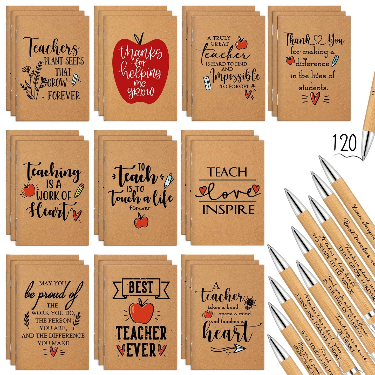 Kosiz 240 Pcs Teacher Appreciation Gifts Bulk Thank You Kraft Notebooks Set Motivational Mini Journal Notebook Inspirational Bamboo Ballpoint Pen Teacher Appreciation Day Gift for School Team Group