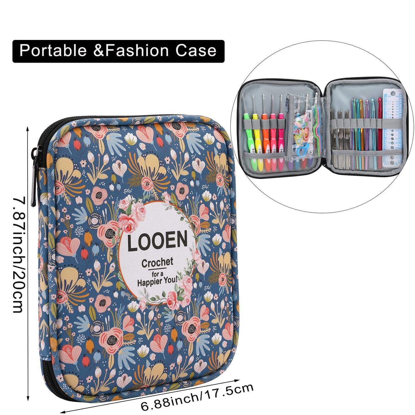 Looen Crochet Hooks Set-Yarn Needles Coloured Aluminum with Storage Case Rubbery Handle Ergonomic Comfort Grip DIY Craft Handmake Kit 64pcs
