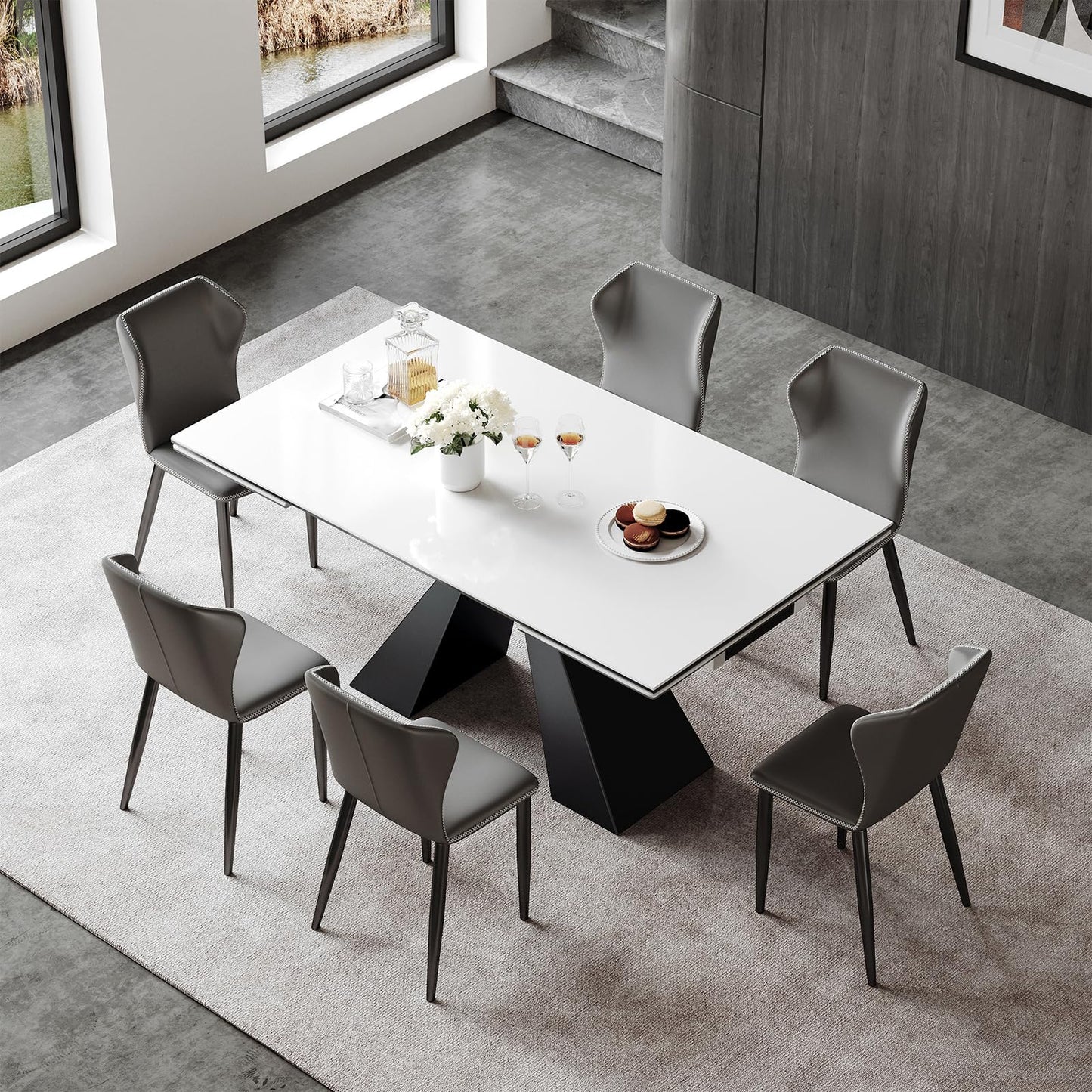 TimesGate Extendable Dining Table for 8-12 Seat, Flexible Stretch, Tabletop Made from Rock Plate and Tempered Glass, Solid Carbon Steel Base, 35.4" D x 94.5" W x 30" H, White Top
