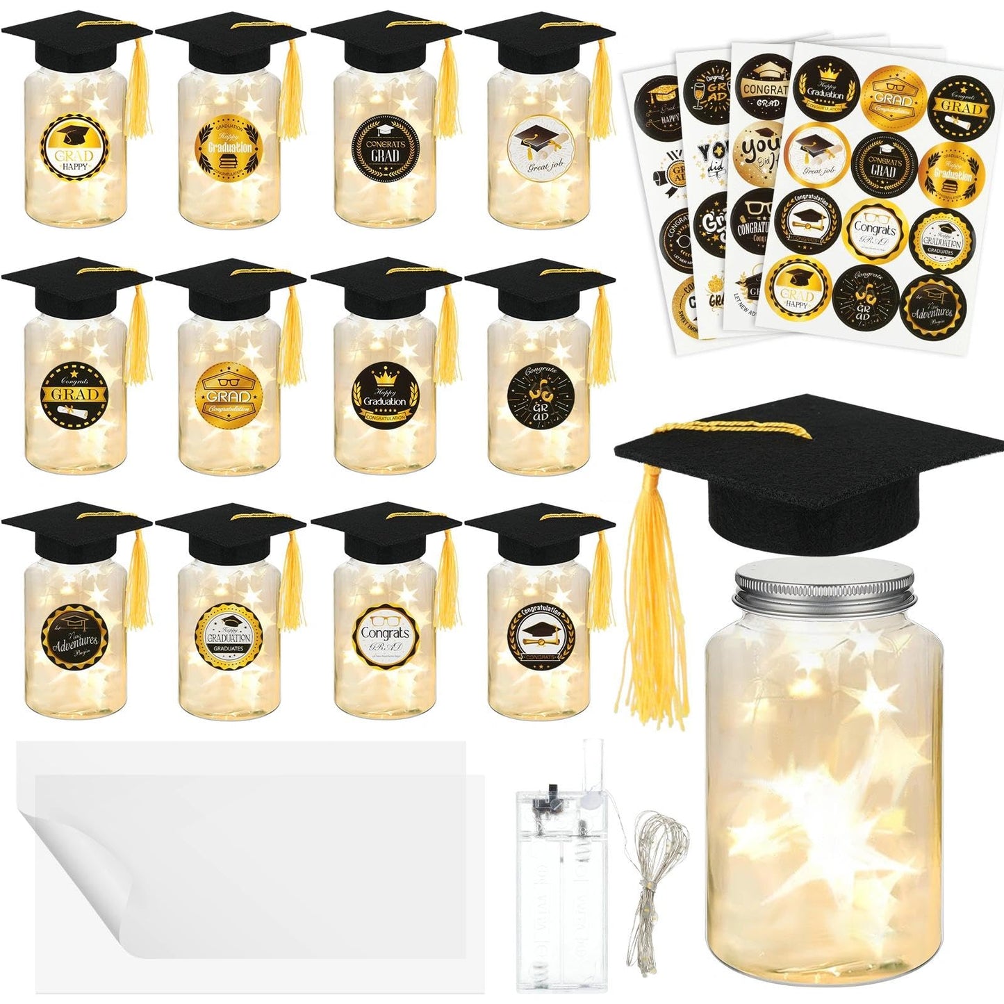 12 Pack Graduation Table Decoration Set, 2026 Grad Jar Table Centerpieces, Includes Black Felt Grad Hat, LED Lights, Stickers and Tracing Paper for High School and College Graduation Party Supplies