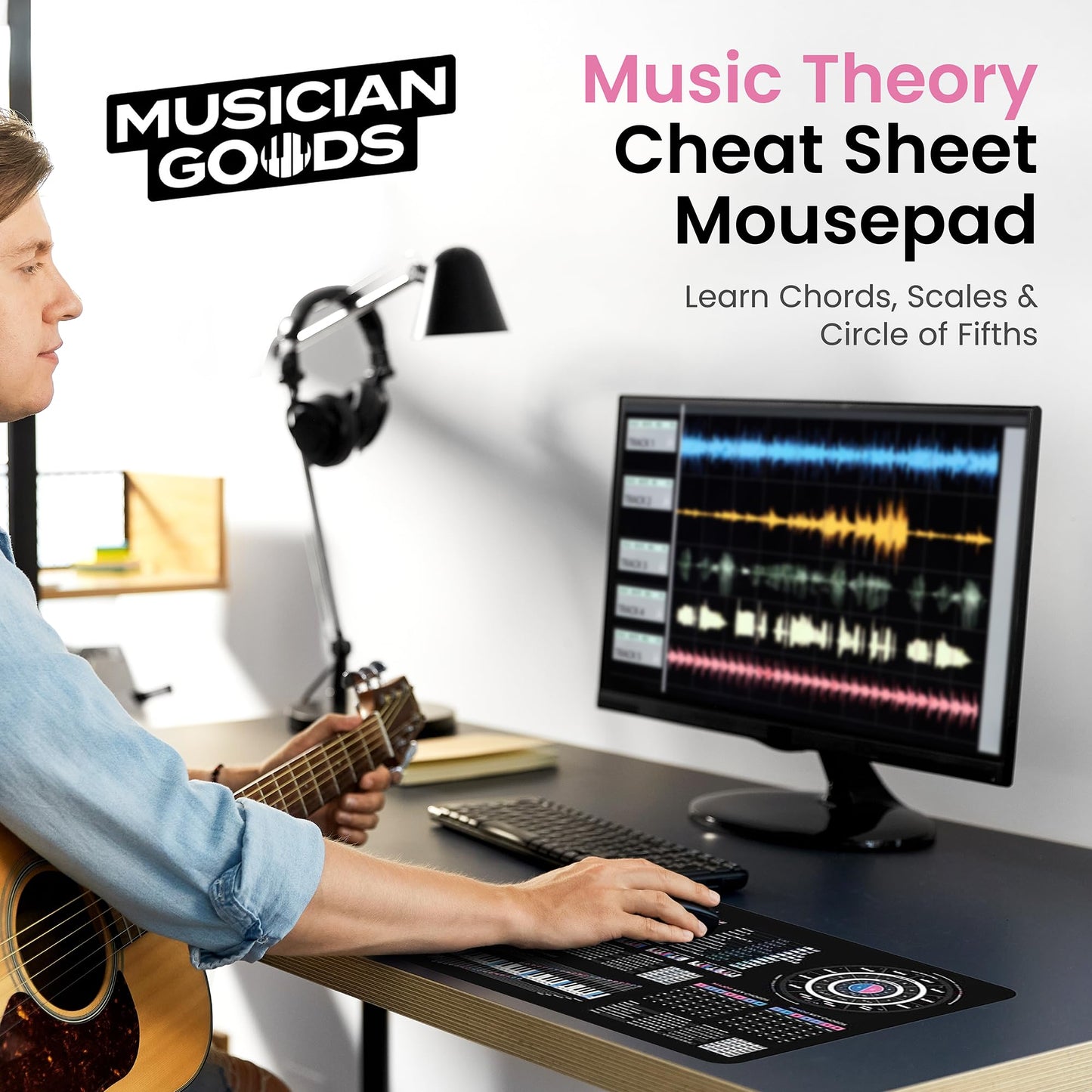 Music Theory Cheat Sheet Mousepad – 35×25cm (13.8"x9.8") & 80×30cm (31.5"x11.8") – Chord Formulas, Circle of Fifths, Modes & Clefs – Music Learning Desk Mat – LED Version Available