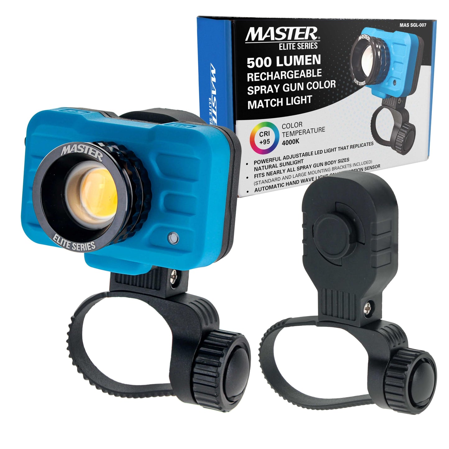 Master Elite Rechargeable Spray Gun Mount Color Match Light, 500 Lumen LED, CRI 95+ - Replicates Natural Sunlight, Illuminates Paint Surface Sprayed, Ensures Even Coverage - Automotive Repair Coating