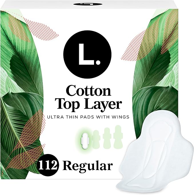 L. Ultra Thin Pads for Women, Regular Absorbency, Organic Cotton Top Layer, Unscented Pads with Wings, 112 CT