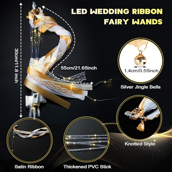 Unittype Wedding Wands Ribbon Streamers with Bells LED Fairy Light up Silk Fairy Wand Glow in the Dark Flashing Lace Stick for Wedding Birthday Party Favors (Champagne & Warm White LED,24 Pieces)