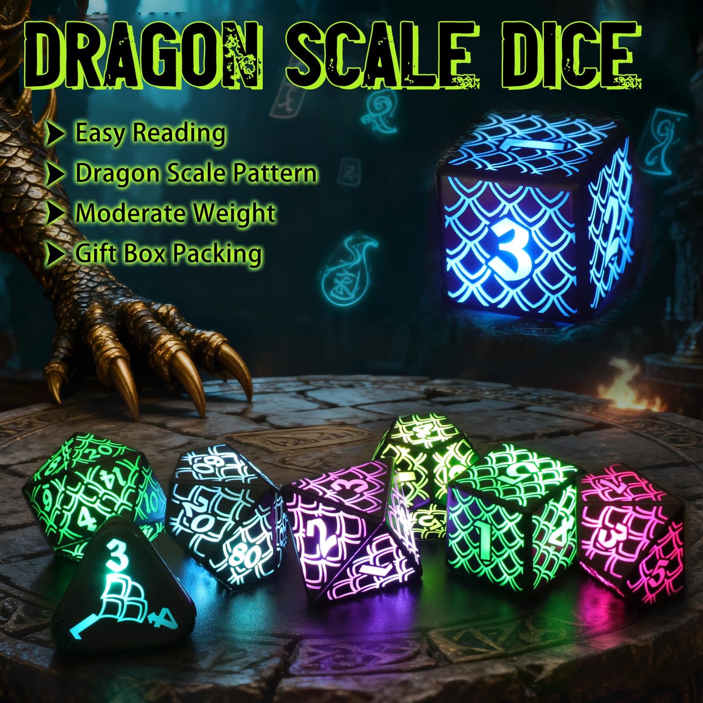 LED Dice with Charging Box，7 PCS RGB Light up Dice for Dungeons and Dragons, Polyhedral DND Dice Set for Tabletop Games Gifts（LL-RGB）