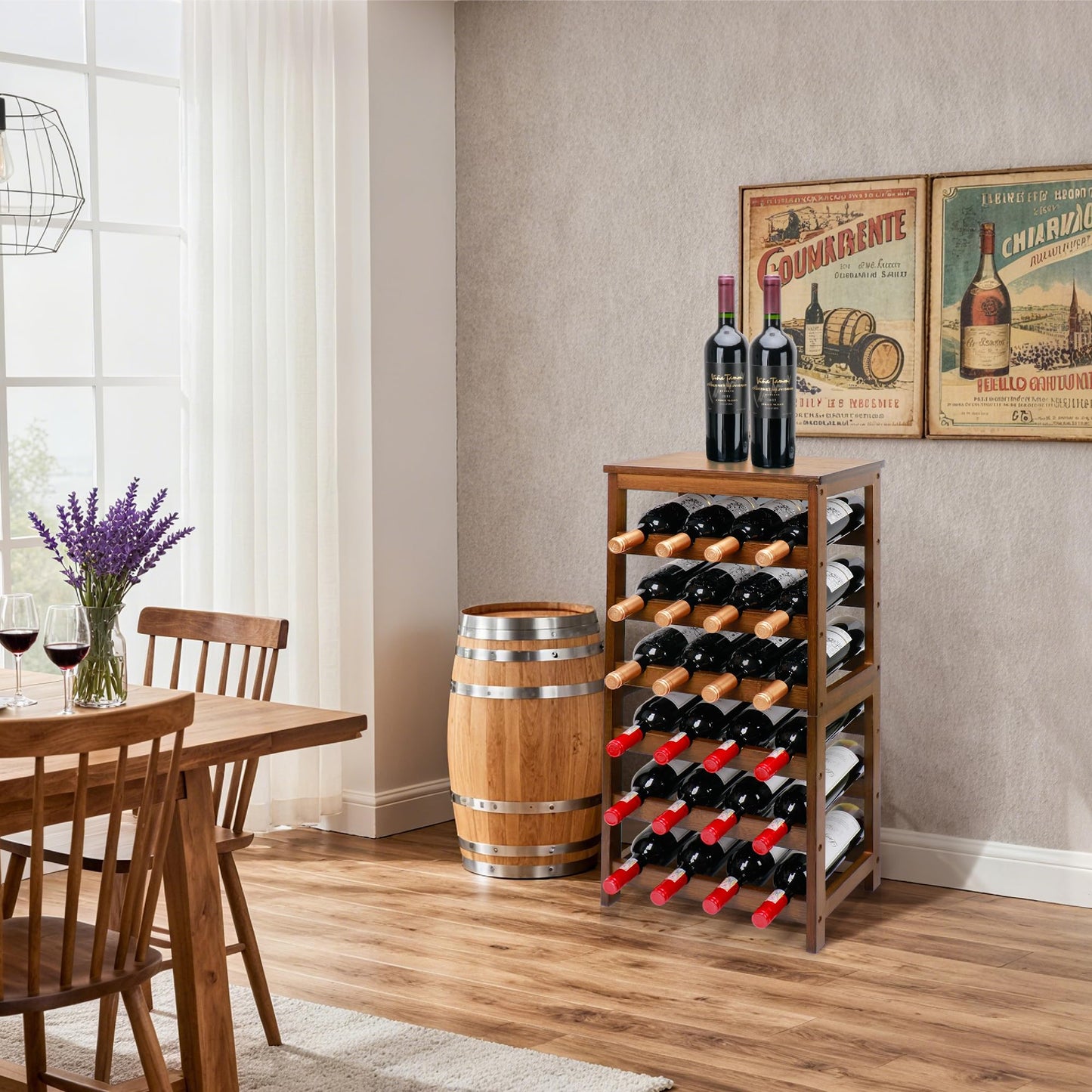 Thalomely Wine Rack Free Standing Floor, 6-Tier 24 Bottles Display Wine Storage Shelves with Table Top, Easy-Assembly Freestanding Bamboo Wine Racks for Kitchen Dining Room Bar, Walnut