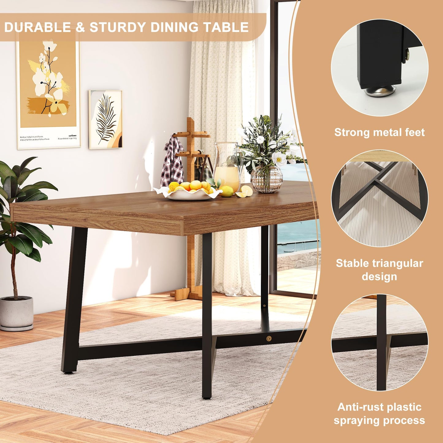 71" Farmhouse Dining Table for 4,6,8 People,Wooden Rustic Kitchen Table W/Thickness Waterproof Wood Tabletop,Rectangular Long Brown Dinner Table for Home Office,Dining Room,Living Room Furniture