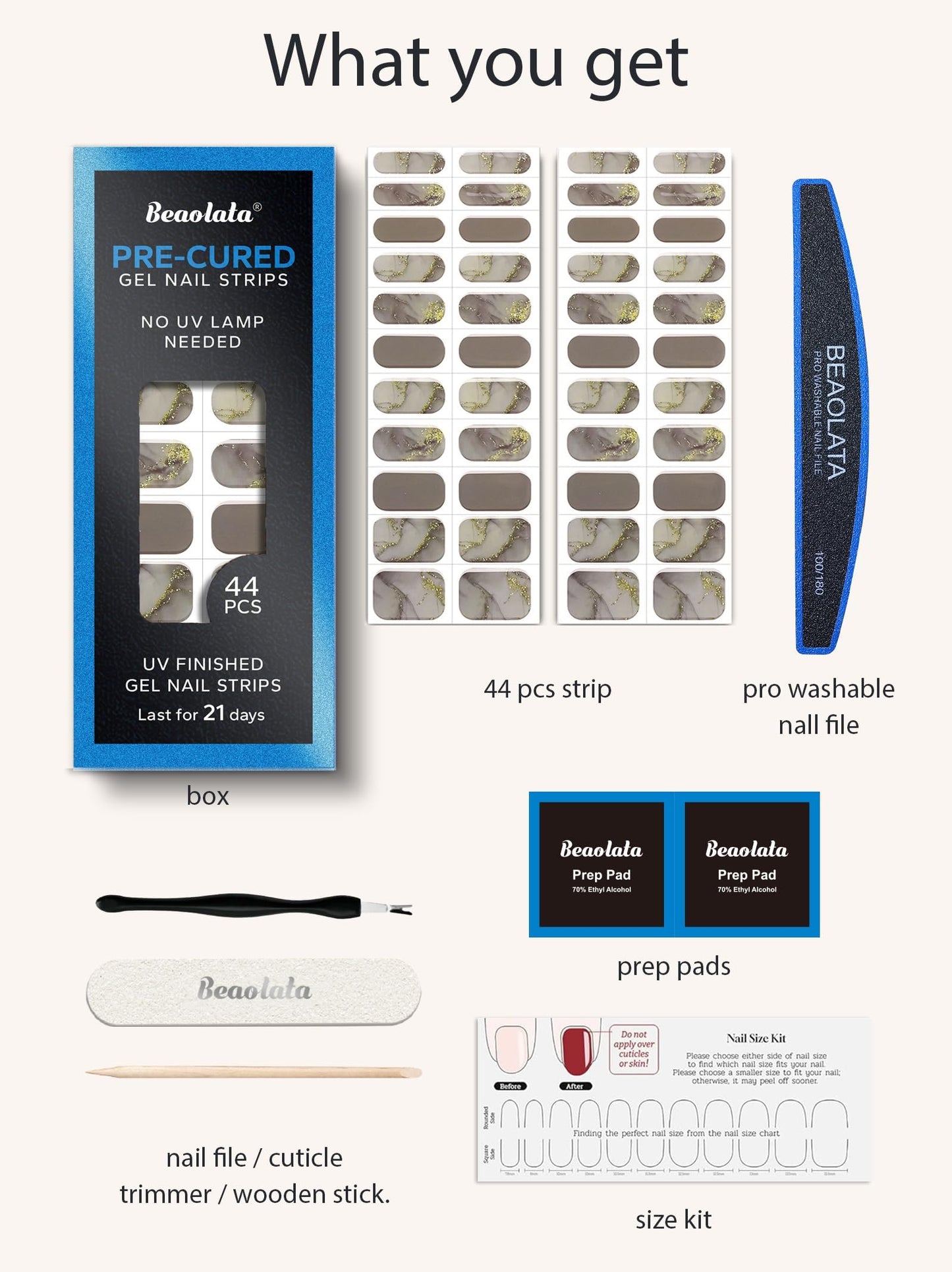 Beaolata Real Gel Nail Strips (No UV Light Needed) - 44Pcs Salon Quality Nail Stickers - Long Lasting Polish Wraps for Women, Easy Apply & Remove (Graphite Grey)