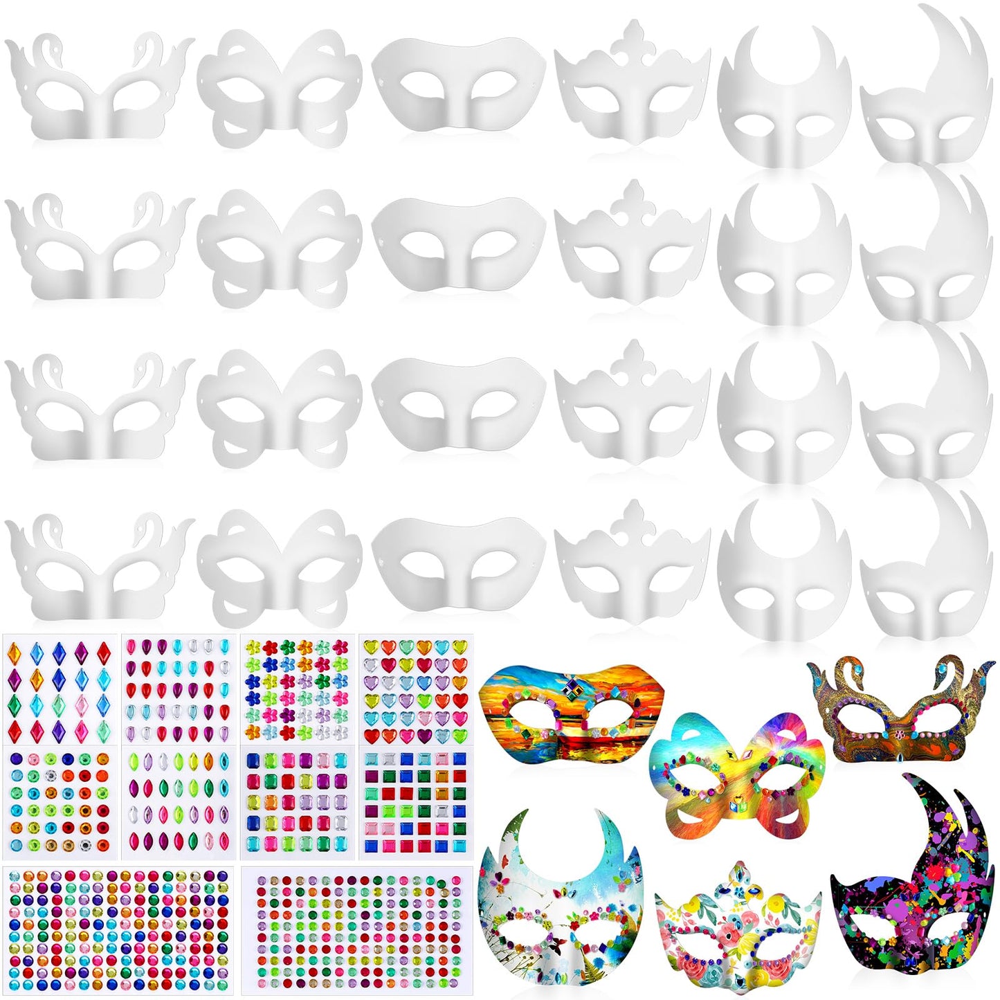Leyndo 24 Pcs Paper Mache Art Mask White Craft Masquerade Masks and Gem Stickers DIY Blank Mardi Gras Halloween Cosplay Party (Mixed Styles)