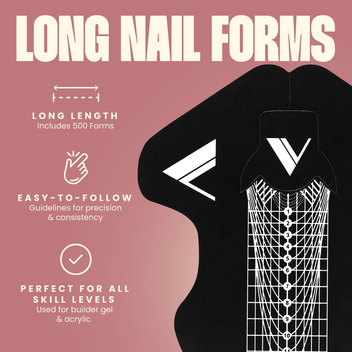 V Beauty Pure Nail Forms for Builder Gel (Long) - Easy Tearing Self-Adhesive Perforated Paper Poly Gel Nail Extension Forms - Nail Molds Shaper Guide for Professional Nail Art & Home DIY, 500 pcs