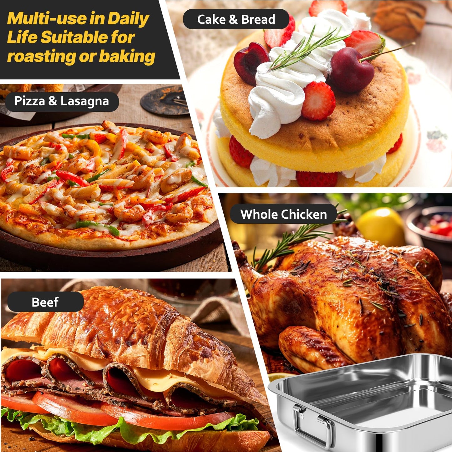 2 Pcs 12.7"15.5" Stainless Steel Roasting Pans with Handles, Baking Pan for Oven with 2 Pcs Flat Racks, Heavy Duty, Dishwasher Safe Rectangular Lasagna Pan with Handles for Turkey Chicken, Silver