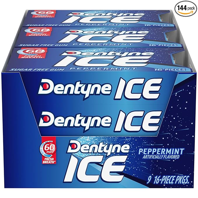 Dentyne Ice Peppermint Sugar-Free Chewing Gum, 9 Packs of 16 Pieces (144 Total Pieces)