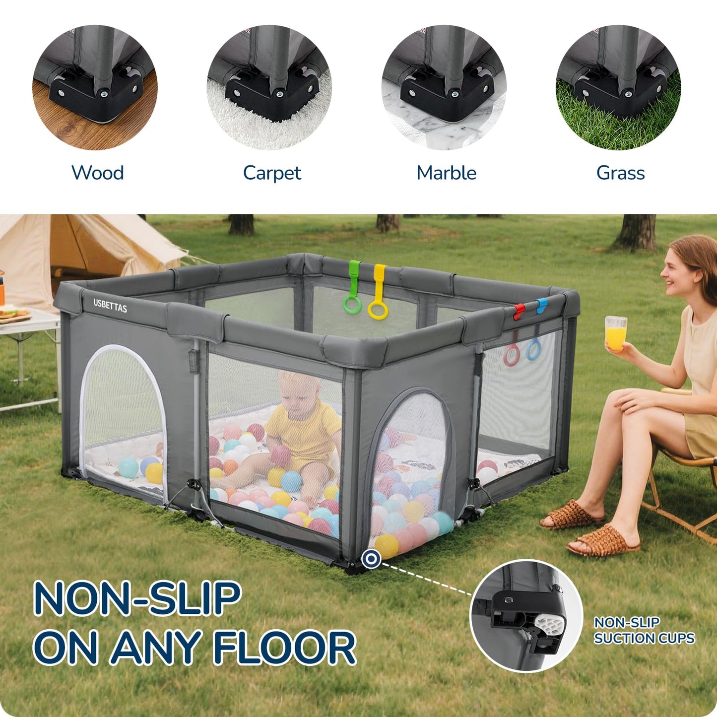 usbettas Foldable Baby Playpen, 1-Minute Setup, Lightweight Portable Playpen with Carry Bag, 50"x50" Indoor Outdoor Safty Play Yard for Babies & Toddlers, Dark Gray