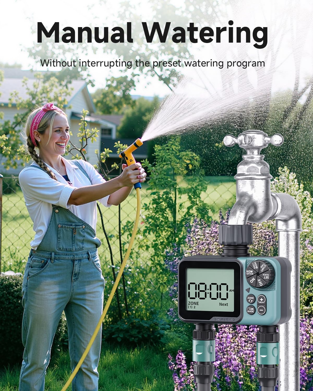 Sprinkler Timer 2 Zone & Digital Water Timer for Garden Hose, Yard, Lawn, Pool – Programmable Irrigation Controller with Rain Delay, IP66 Waterproof Auto & Manual Irrigation System