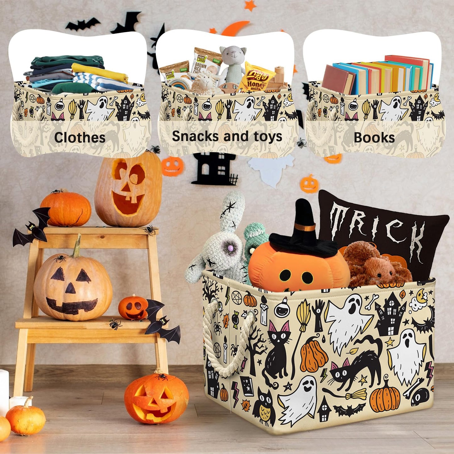 Halloween Ghost Basket Pumpkin Black Bat Boo Spooky Basket with Handles Foldable Halloween Gifts Storage Bins Boxes for Party Home Bedroom Decor