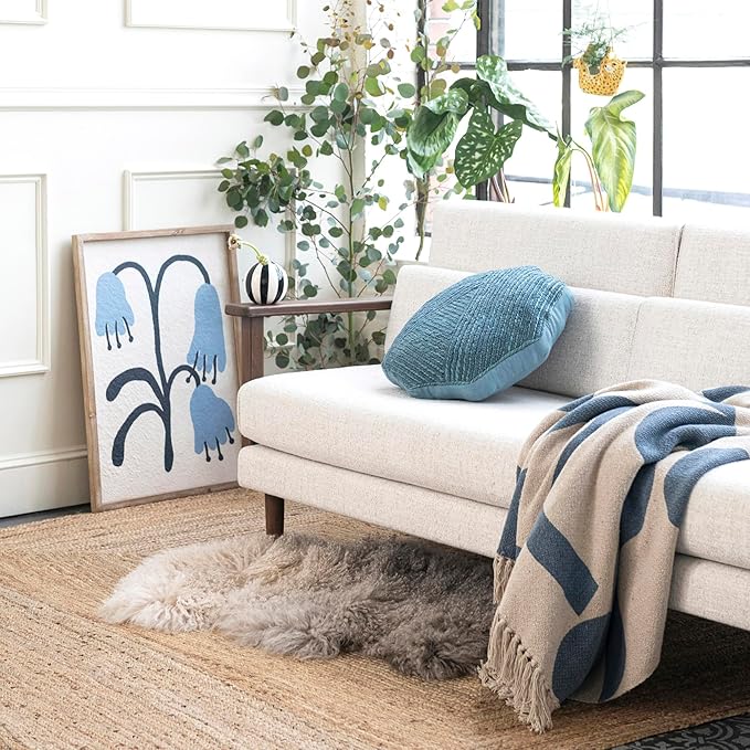Bloomingville Woven Reclaimed Cotton Blend Printed Sheet with Abstract Design and Fringe, Blue and Beige Throw Blanket
