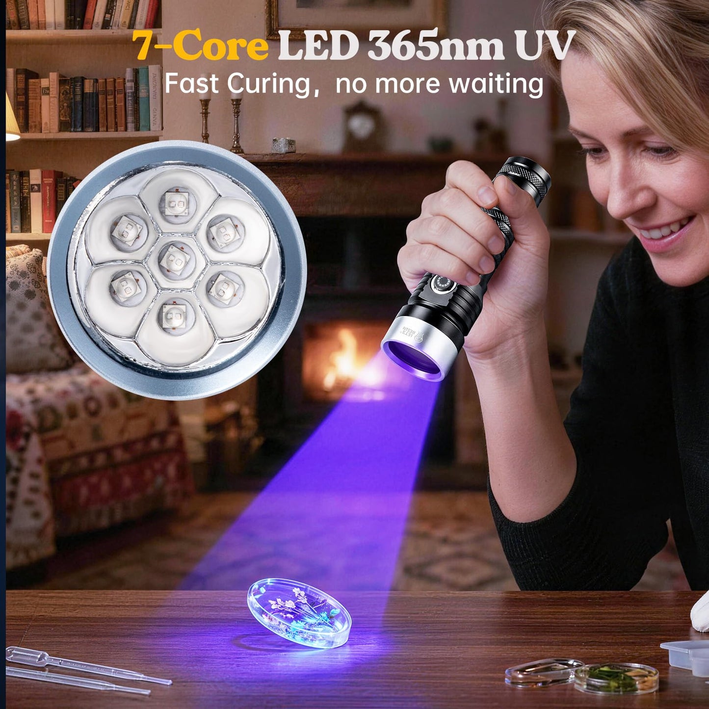 LET'S RESIN UV Flashlight 365nm UV Light for Resin Curing, 7 LED Lamp, USB-C Rechargeable 3000mAh Black Flashlight, Portable UV Cure Lamp for Resin Molds, Jewelry DIY, Stain Detection