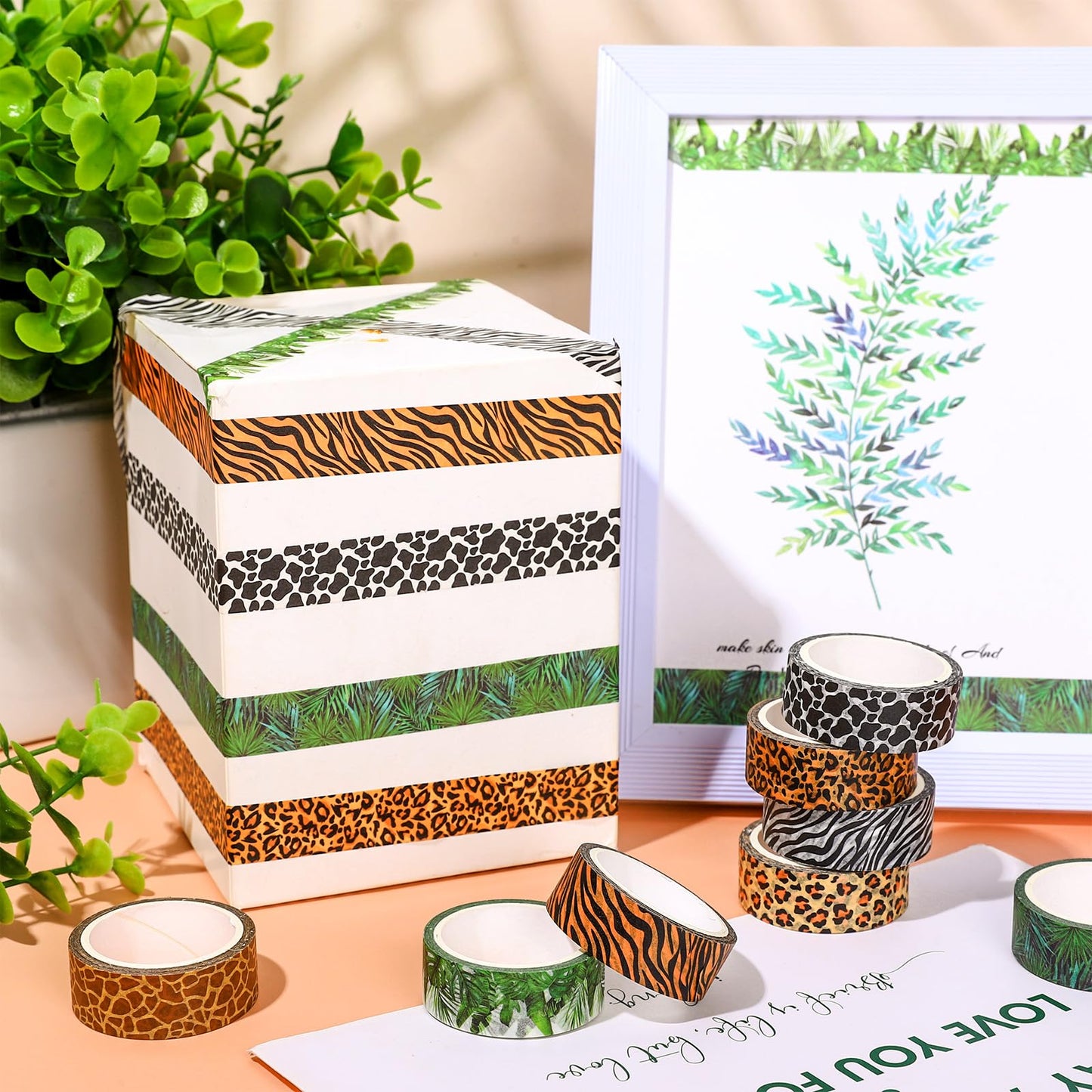 Whaline 8 Rolls Animal Prints Washi Tape Safari Jungle Decorative Masking Tape Set Leopard Cheetah Zebra Tiger Giraffe Greenery Wrapping Paper Tapes for Scrapbook Journal DIY Art Crafts