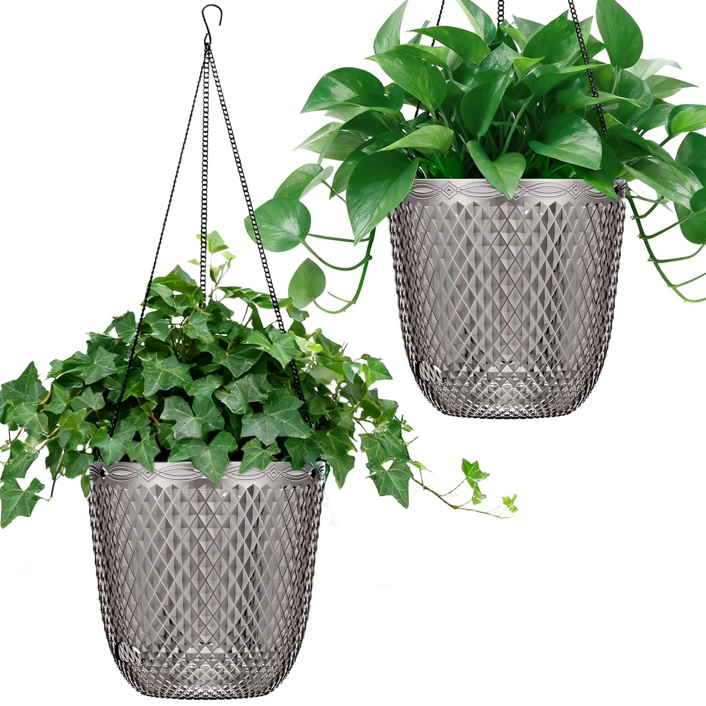 QCQHDU Hanging Planters for Indoor Plants, 2-Pack 5.7 Inch Self Watering Hanging Pots, Plastic Plant Hanger with Drainage Holes and 3 Hooks Chains for Garden Home (Gray)