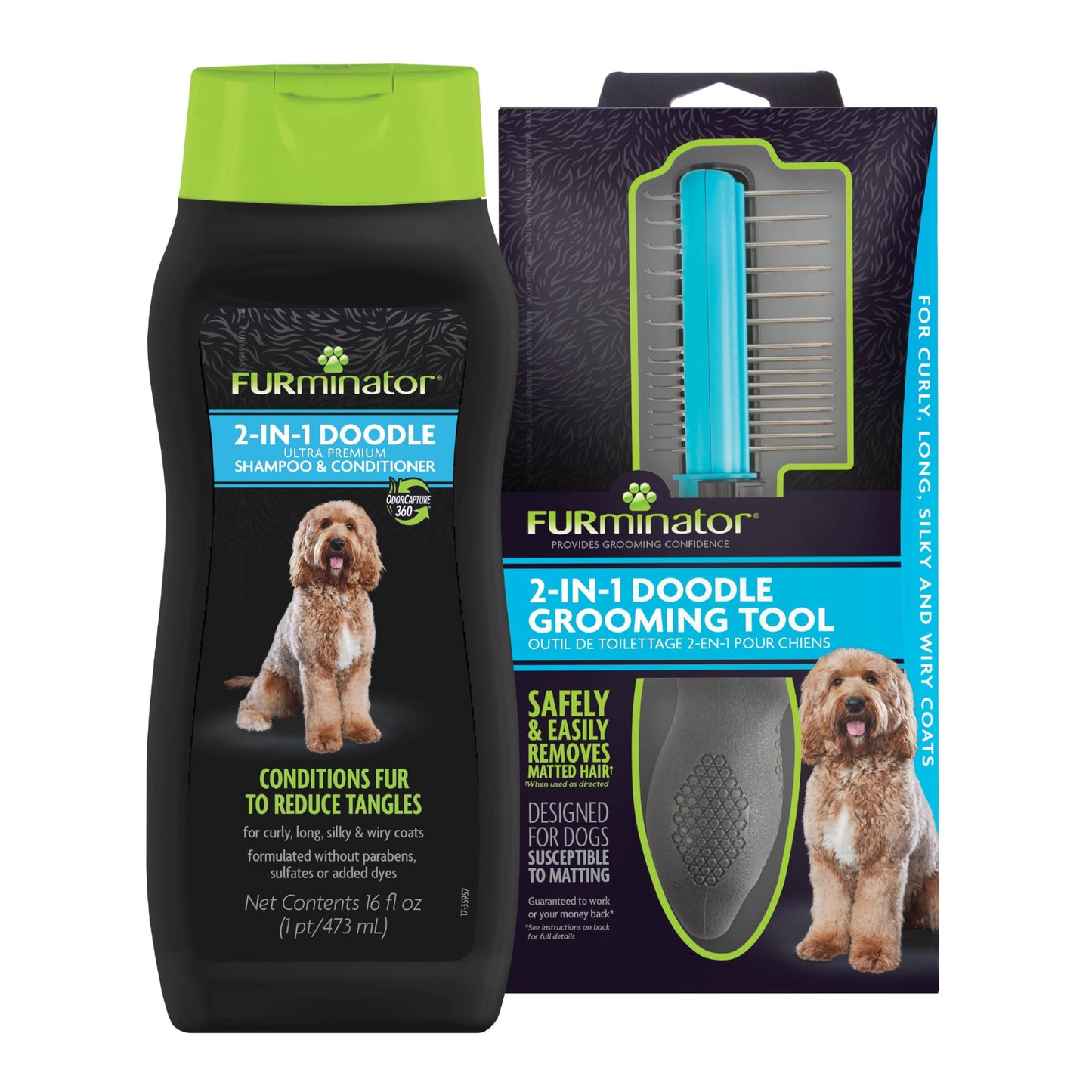 FURminator Doodle Grooming Tool & Shampoo/Conditioner Bundle, Dematting Tool with Comb for Mats, Tangles Plus 2-in-1 Shampoo & Conditioner for Doodle Dog Breeds, Curly, Long, Silky & Wiry Coats