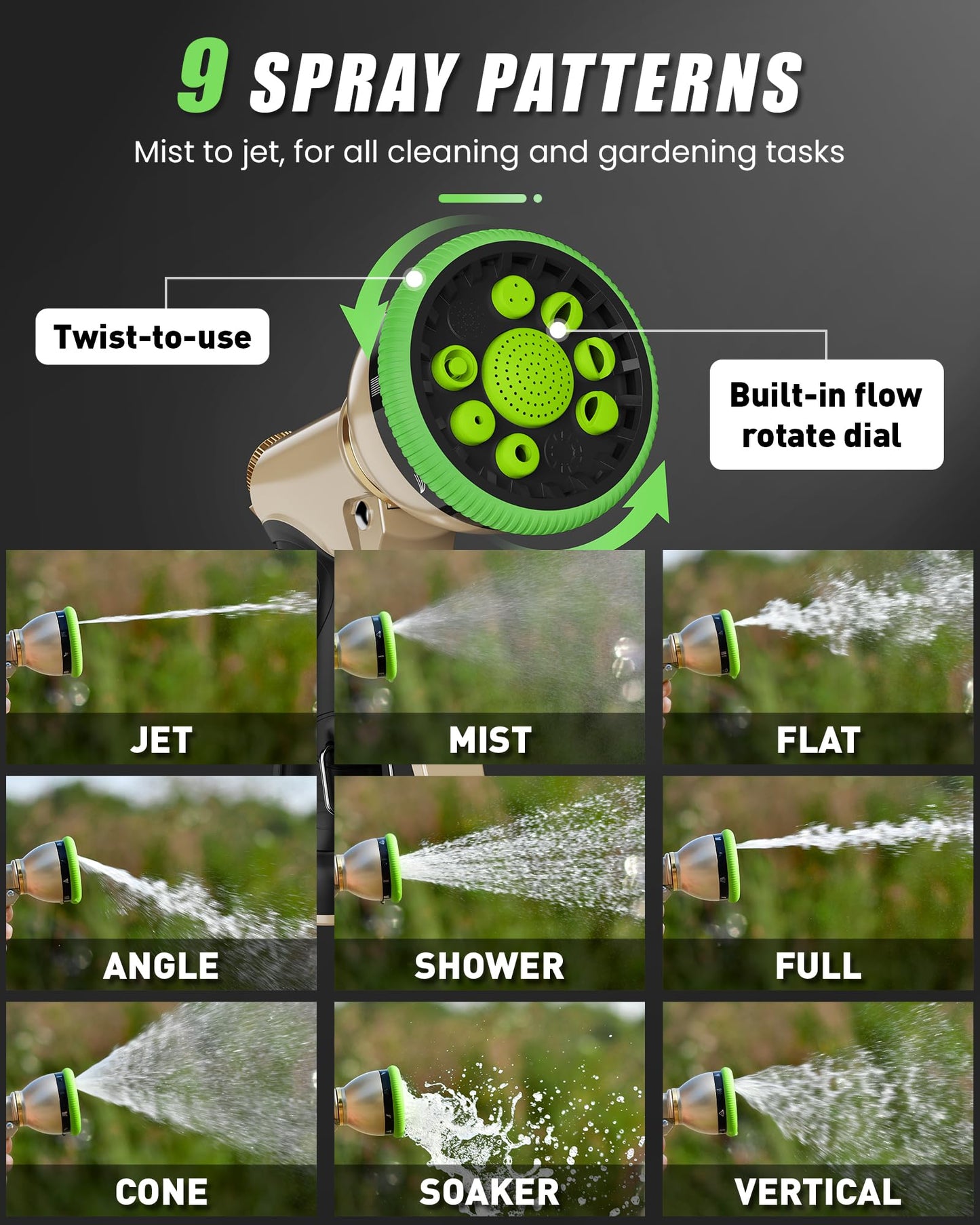 RAINPOINT Garden Hose Nozzle, Metal Hose Sprayer Nozzle With 9 Adjustable Spray Patterns, Heavy Duty Hose Sprayer for Watering Plants, Lawns, Car Wash, Pet Washing (Green)