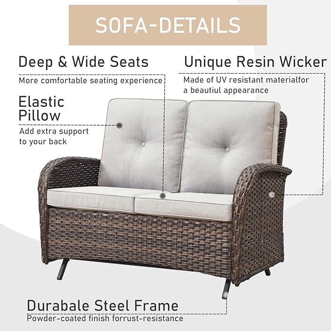 HUMMUH 7-Piece Outdoor Patio Furniture All-Weather PE Wicker Outdoor Conversation Set-Patio Couch Swivel Rocker Chairs with Ottomans Tables for Backyard,Poolside,Deck