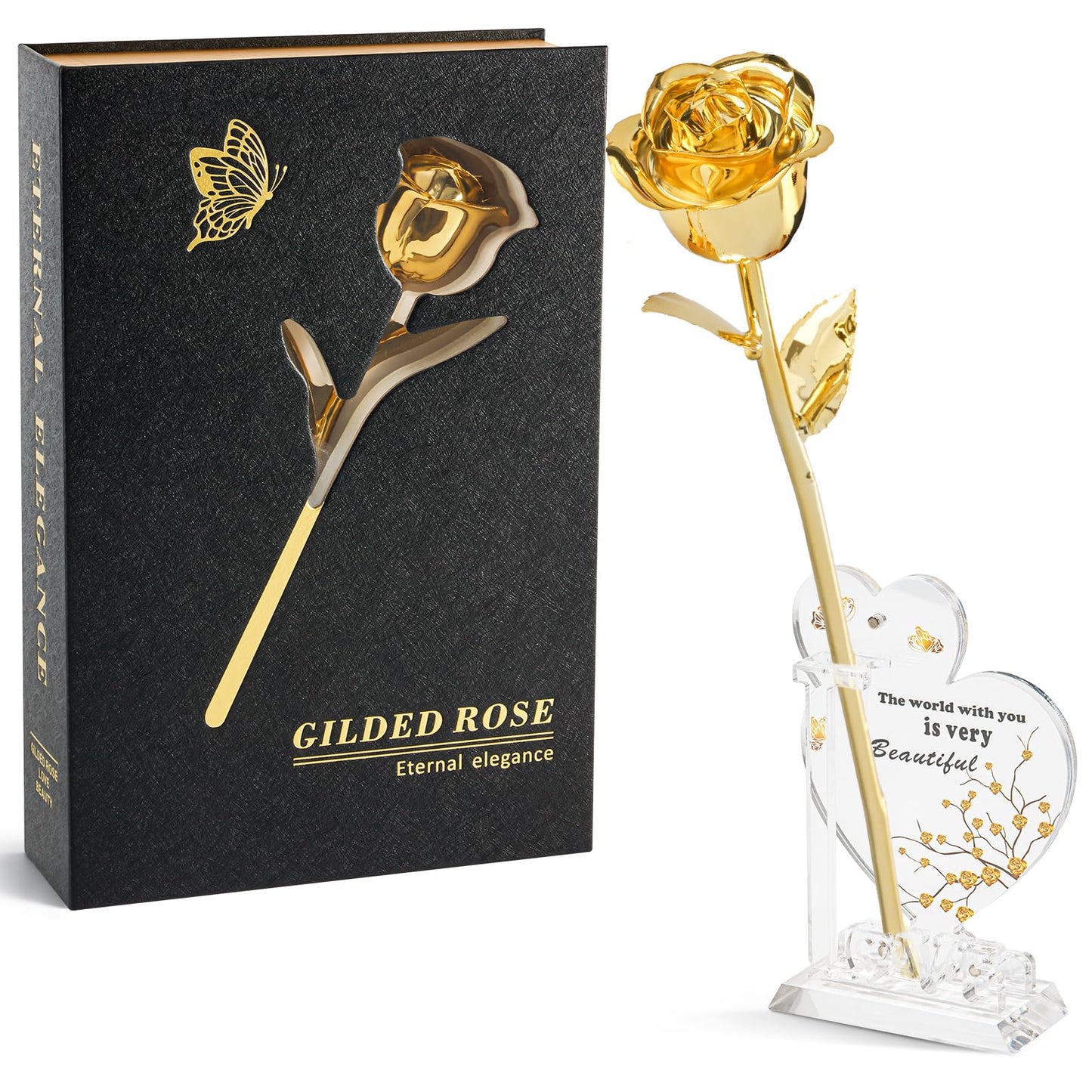 CIAPSK 24K Gold Dipped Rose Gift Set – Luxury Eternal Golden Rose with Interlocking Acrylic Butterfly Display Base & Premium Book-Style Gift Box – Romantic Anniversary & Birthday Gift for Her