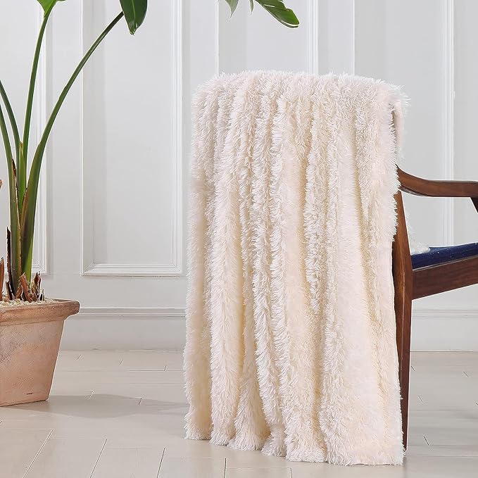 Tuddrom Decorative Extra Soft Faux Fur Blanket Queen Size 80"x90",Solid Reversible Fuzzy Fluffy Plush Fur Blanket for Couch Sofa Bed,Cream White