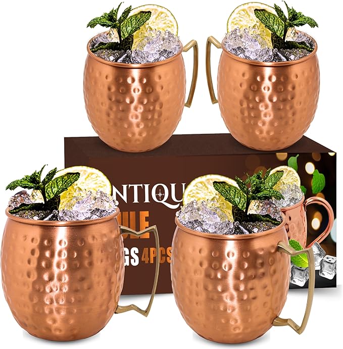Moscow Mule Mugs - Set of 4-100% Pure Copper Mugs Large 16 oz - Premium Moscow Mule Cups Set of 4 - Solid Copper Cups Perfect Premium Gift (Brass Handle)