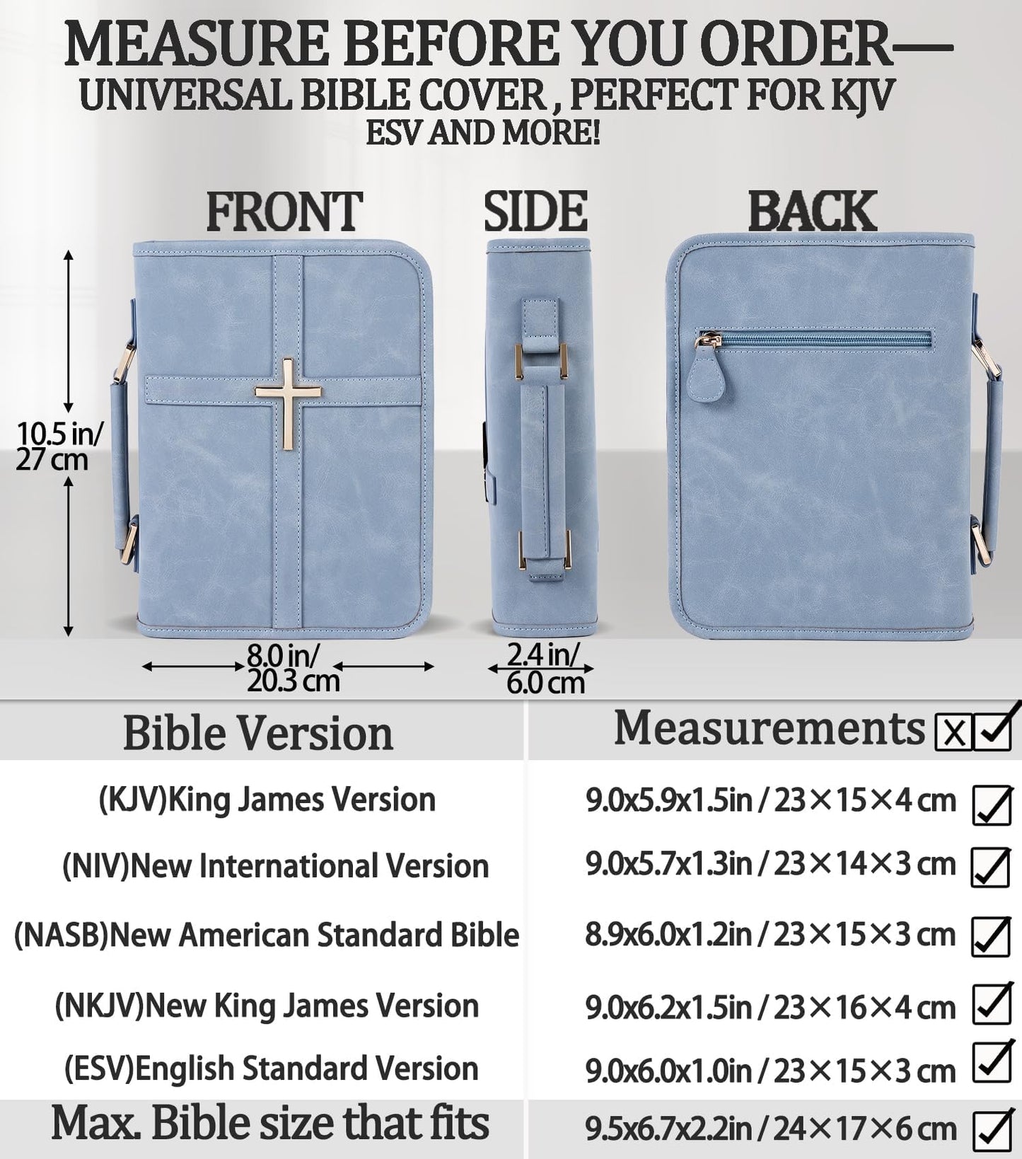 Vegan Leather Bible Cover Case, Bible Bag with Phone Pocket, Bible Case for Women, Christian Gift Box Packaging (Light Blue)
