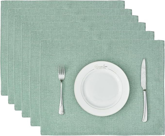BALCONY & FALCON Placemats Set of 6 Faux Linen Cloth Place Mats Washable Waterproof Wrinkle Resistant Table Placemats for Dining Kitchen Farmhouse Indoor & Outdoor Use(Celadon Green, 13.8”x 17.7”