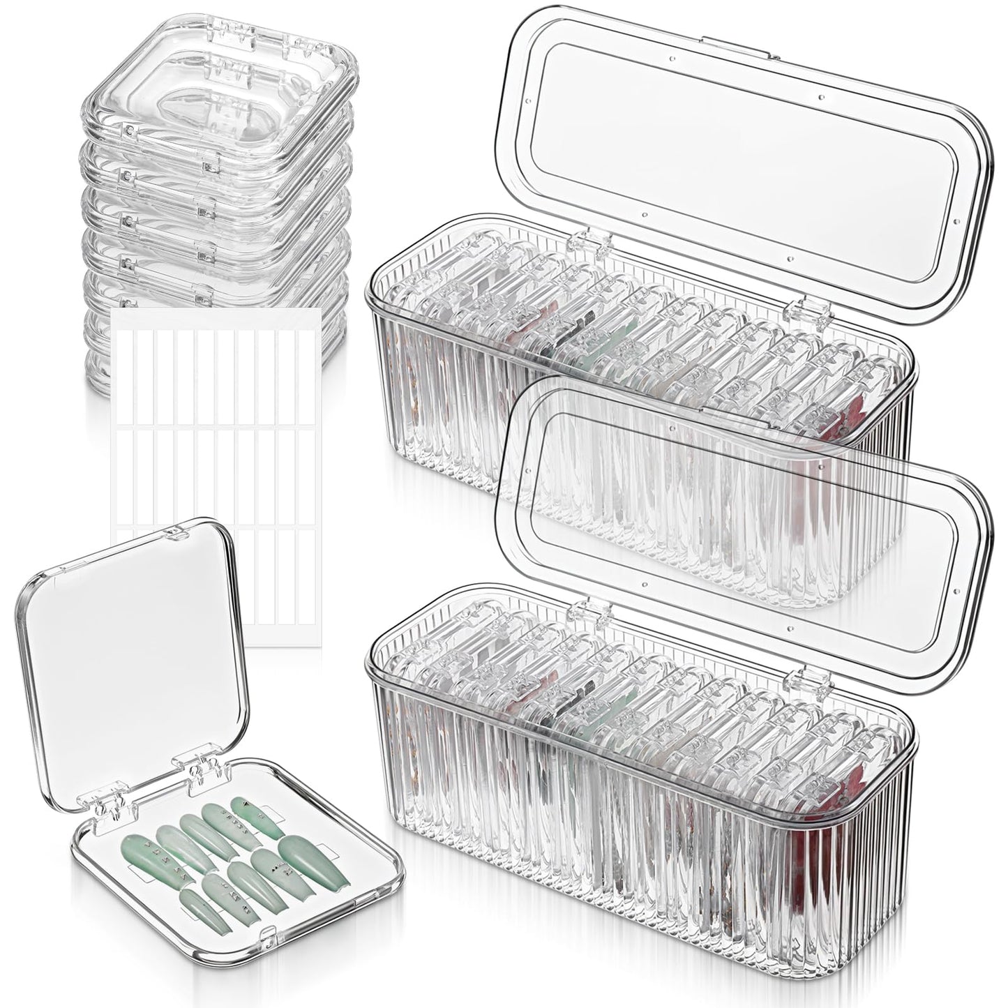 HANLANXUE 26 Pack Press On Nail Organizer, 24 Clear Press On Nail Storage Boxes and 2 Big Storage Box with 120 Adhesive Double Sided Tape Acrylic Nail Display Box Nail Packaging Boxes for Nail Salon