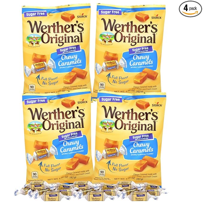 Werther's Sugar Free Chewy Caramels, Individually Wrapped Pieces, Candy Bowl Filler Treats, 1.46 Ounces (Pack of 4)