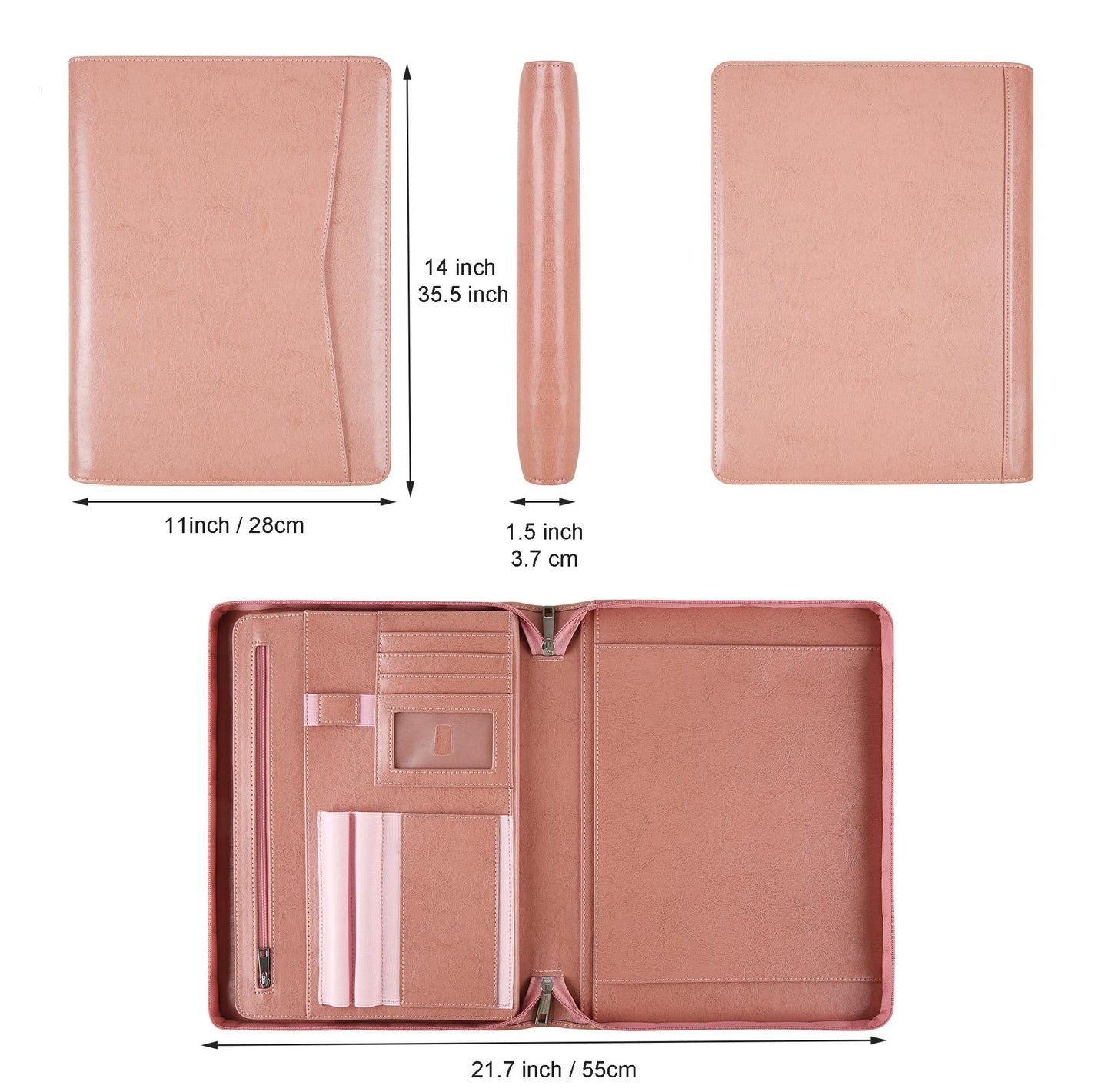 Padfolio for Women, Pink Leather Portfolio with Zipper, Vegan Leather Business Portfolio Organizer with A4 Writing Pad Holder for Resume, Interview, Meeting, Non-Custom