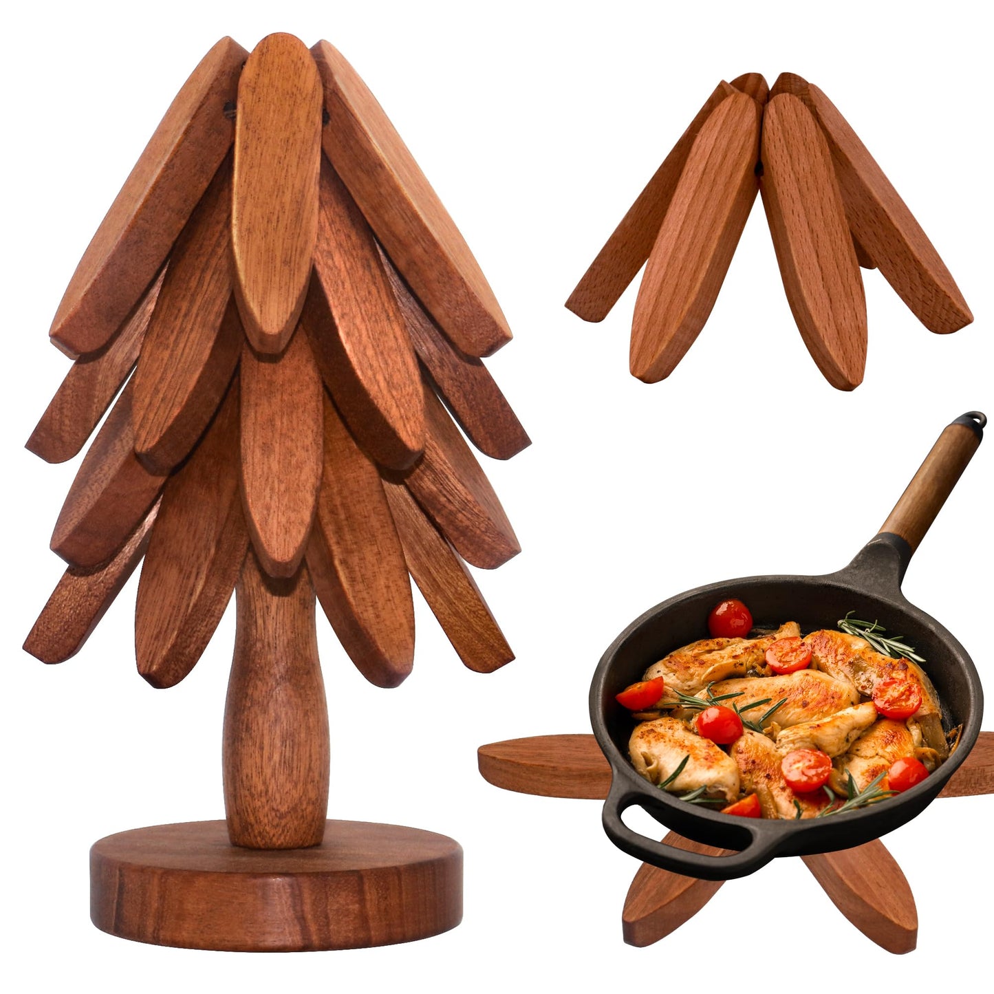 Wooden Trivets for Hot Dishes, Wooden Tree Trivet Set of 4 for Easy Storage - Suited for Hots, Pans/Bowl, Teapot, Hot Holders - Multifunctional Ornaments (Dark - 4 PCs)