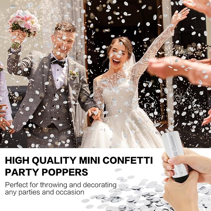Confetti Cannon 8 Pack Small Silver Confetti Poppers ideal for Weddings, Birthdays, Graduations, Baby Showers, New Year's Eve Parties Fun Party Decorations