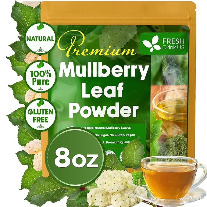 FreshDrinkUS, Premium 8oz Mulberry Leaf Powder, 100% Natural and Pure from Mulberry Leaves, Perfect for Tea, Smoothies, Baked Goods, Natural Food Coloring, No Additives, No Gluten, No Sugar, Vegan