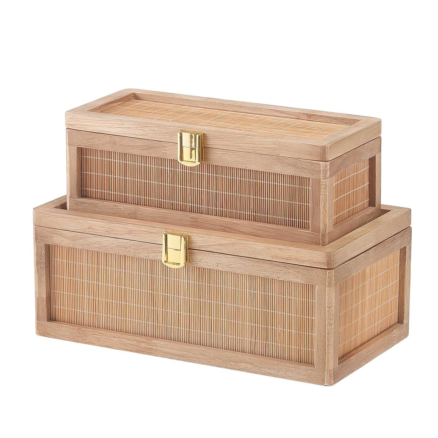 HuiDao Natural Bamboo Decorative Box with Lids, Unique Decorative Boxes Set of 2, Boho Wedding Keepsake Box, Memory Box with Lid for Crafts, trinkets and Photo Storage